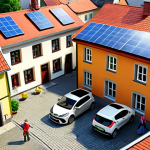 **

A vibrant scene depicting a German town square. Modern solar panels are integrated into the roofs of traditional houses. A community event is taking place, showcasing electric vehicles and locally produced renewable energy technologies. Happy families are interacting, symbolizing citizen participation in the Energiewende. The overall atmosphere is optimistic and forward-looking, highlighting regional value creation through renewable energy.

**