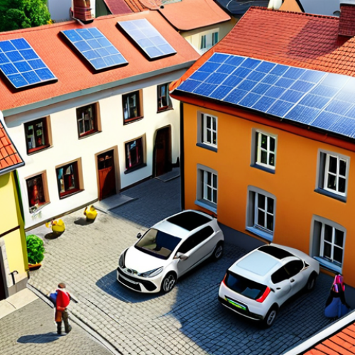 **

A vibrant scene depicting a German town square. Modern solar panels are integrated into the roofs of traditional houses. A community event is taking place, showcasing electric vehicles and locally produced renewable energy technologies. Happy families are interacting, symbolizing citizen participation in the Energiewende. The overall atmosphere is optimistic and forward-looking, highlighting regional value creation through renewable energy.

**