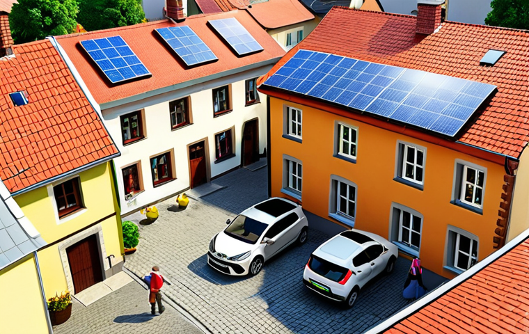 **

A vibrant scene depicting a German town square. Modern solar panels are integrated into the roofs of traditional houses. A community event is taking place, showcasing electric vehicles and locally produced renewable energy technologies. Happy families are interacting, symbolizing citizen participation in the Energiewende. The overall atmosphere is optimistic and forward-looking, highlighting regional value creation through renewable energy.

**