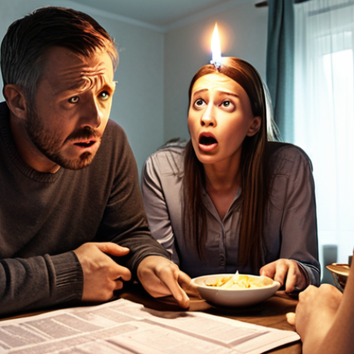 Home 24 **
A family gathered around a dining table, looking at a Stromrechnung (electricity bill) with expressions of shock and concern. In the background, a flickering candle illuminates the room. The scene should evoke a sense of financial worry and highlight the impact of rising Energiepreise (energy prices) on ordinary households. Style: Realistic, slightly desaturated colors to emphasize the somber mood.
**
