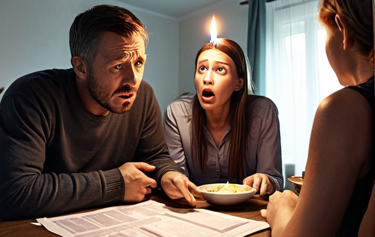 **
A family gathered around a dining table, looking at a Stromrechnung (electricity bill) with expressions of shock and concern. In the background, a flickering candle illuminates the room. The scene should evoke a sense of financial worry and highlight the impact of rising Energiepreise (energy prices) on ordinary households. Style: Realistic, slightly desaturated colors to emphasize the somber mood.
**