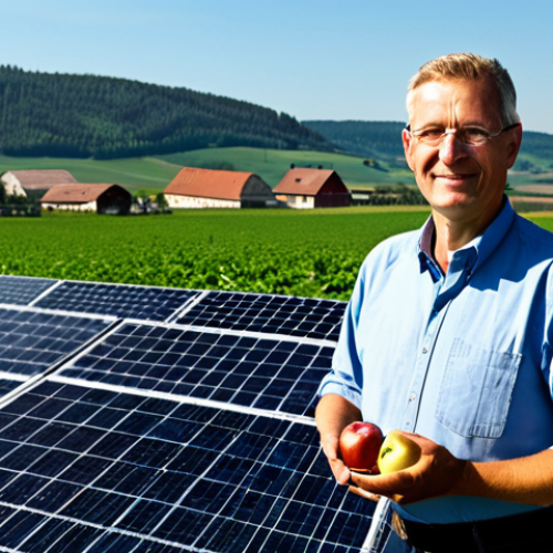 Home 9 A professional German farmer, fully clothed in modest, practical work attire, stands confidently in a vast agricultural field. Overhead, a sophisticated, high-raised Agri-Photovoltaic (Agri-PV) system extends across the expanse, providing partial shade over rows of thriving crops, such as apples or berries, beneath the solar panels. The scene is illuminated by natural sunlight, highlighting the innovative integration of technology and agriculture. In the background, picturesque rolling hills and traditional German farm buildings are visible under a clear sky, embodying sustainable farming. Perfect anatomy, correct proportions, natural pose, well-formed hands, proper finger count, natural body proportions. Safe for work, appropriate content, fully clothed, professional, family-friendly.