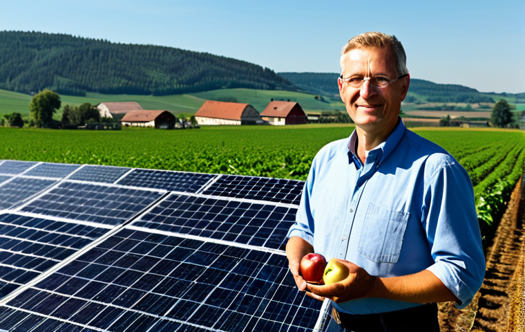 A professional German farmer, fully clothed in modest, practical work attire, stands confidently in a vast agricultural field. Overhead, a sophisticated, high-raised Agri-Photovoltaic (Agri-PV) system extends across the expanse, providing partial shade over rows of thriving crops, such as apples or berries, beneath the solar panels. The scene is illuminated by natural sunlight, highlighting the innovative integration of technology and agriculture. In the background, picturesque rolling hills and traditional German farm buildings are visible under a clear sky, embodying sustainable farming. Perfect anatomy, correct proportions, natural pose, well-formed hands, proper finger count, natural body proportions. Safe for work, appropriate content, fully clothed, professional, family-friendly.