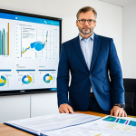 A professional German energy consultant, fully clothed in a modest business suit, stands in a brightly lit modern office. Around them are stacks of German legal documents, blueprints for renewable energy projects, and a digital tablet displaying complex regulatory flowcharts related to the EEG and GEG. The background shows a subtle, blurred map of Germany's energy grid. The consultant's pose is natural, conveying deep thought and the challenge of navigating complex legal frameworks. Perfect anatomy, correct proportions, well-formed hands, proper finger count. Professional photography, high detail, sharp focus, appropriate content, safe for work, family-friendly.