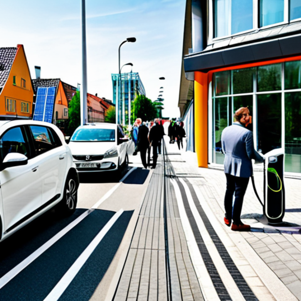 A diverse group of professional adults, fully clothed in modern, modest business attire and smart casual wear, interacting within a vibrant, clean urban street scene in a modern German city. An electric car is charging at a sleek public charging station in the foreground, while others are using shared e-scooters or bicycles. Modern buildings with rooftop solar panels are visible in the background, and a clean, contemporary tram or bus is passing by, symbolizing integrated public transport. The scene is well-lit with natural daylight, conveying a sense of progress and sustainable living. professional photography, high resolution, detailed, safe for work, appropriate content, fully clothed, family-friendly, perfect anatomy, correct proportions, natural pose, well-formed hands, proper finger count, natural body proportions.