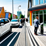 A diverse group of professional adults, fully clothed in modern, modest business attire and smart casual wear, interacting within a vibrant, clean urban street scene in a modern German city. An electric car is charging at a sleek public charging station in the foreground, while others are using shared e-scooters or bicycles. Modern buildings with rooftop solar panels are visible in the background, and a clean, contemporary tram or bus is passing by, symbolizing integrated public transport. The scene is well-lit with natural daylight, conveying a sense of progress and sustainable living. professional photography, high resolution, detailed, safe for work, appropriate content, fully clothed, family-friendly, perfect anatomy, correct proportions, natural pose, well-formed hands, proper finger count, natural body proportions.