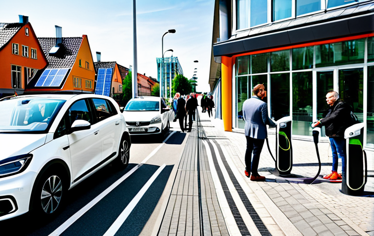 A diverse group of professional adults, fully clothed in modern, modest business attire and smart casual wear, interacting within a vibrant, clean urban street scene in a modern German city. An electric car is charging at a sleek public charging station in the foreground, while others are using shared e-scooters or bicycles. Modern buildings with rooftop solar panels are visible in the background, and a clean, contemporary tram or bus is passing by, symbolizing integrated public transport. The scene is well-lit with natural daylight, conveying a sense of progress and sustainable living. professional photography, high resolution, detailed, safe for work, appropriate content, fully clothed, family-friendly, perfect anatomy, correct proportions, natural pose, well-formed hands, proper finger count, natural body proportions.