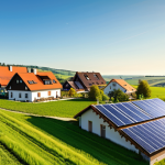 Solar Power Diversity**

"A picturesque German village with rooftops adorned with solar panels and solar thermal collectors, showcasing a blend of modern and traditional architecture. In the background, a lush green field with grazing cows leads to a distant wind farm. The scene is bathed in warm sunlight, highlighting the integration of various renewable energy sources in a rural setting. Photorealistic, high resolution, clear sky, promoting sustainable living. Safe for work."

**
