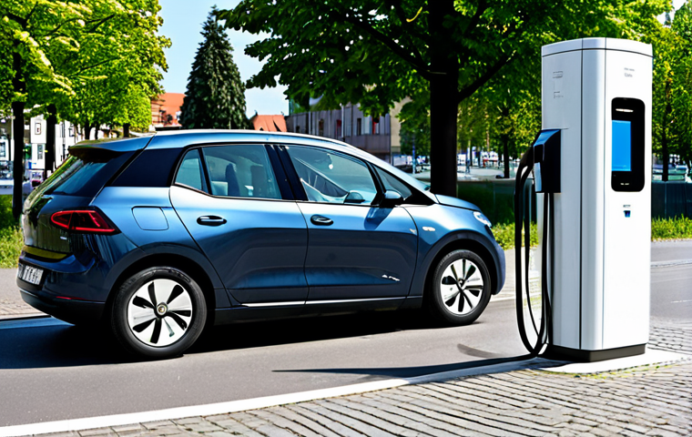 Public Charging Station Scene**

"A modern electric car parked at a public charging station in Germany, fully clothed people walking by, appropriate attire, the charging station is clearly visible with a digital display showing charging information, background shows a typical German cityscape with modest buildings and trees, safe for work, professional photography, perfect anatomy, correct proportions, well-formed hands, natural body proportions, appropriate content, family-friendly, high quality, fully clothed."

**