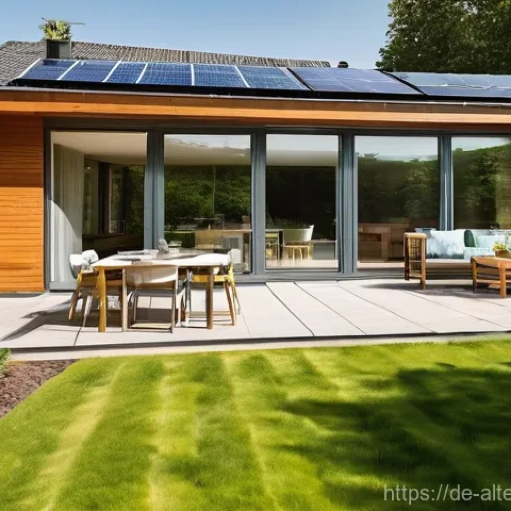 제로 에너지 건축 - **Prompt:** A vibrant, modern German suburban home on a sunny day, showcasing its zero-energy featur...
