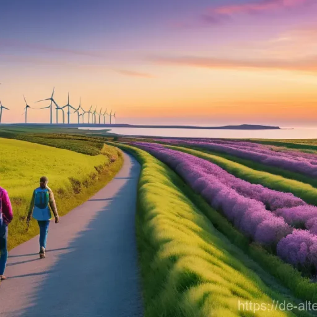대체에너지 관련 국제 규제 - **Prompt:** A serene, expansive panoramic view of a modern European coastal landscape at sunset, sho...
