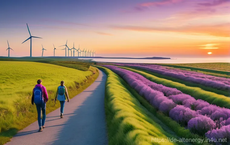 대체에너지 관련 국제 규제 - **Prompt:** A serene, expansive panoramic view of a modern European coastal landscape at sunset, sho...