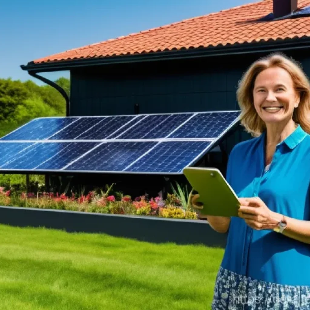 대체에너지 투자 수익 - **Prompt:** A vibrant, sun-drenched scene showcasing a contented German homeowner, a woman in her la...
