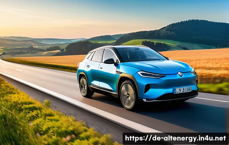 수소차의 미래 - A sleek, modern hydrogen fuel cell car driving on a German autobahn at sunset, showcasing its aerody...