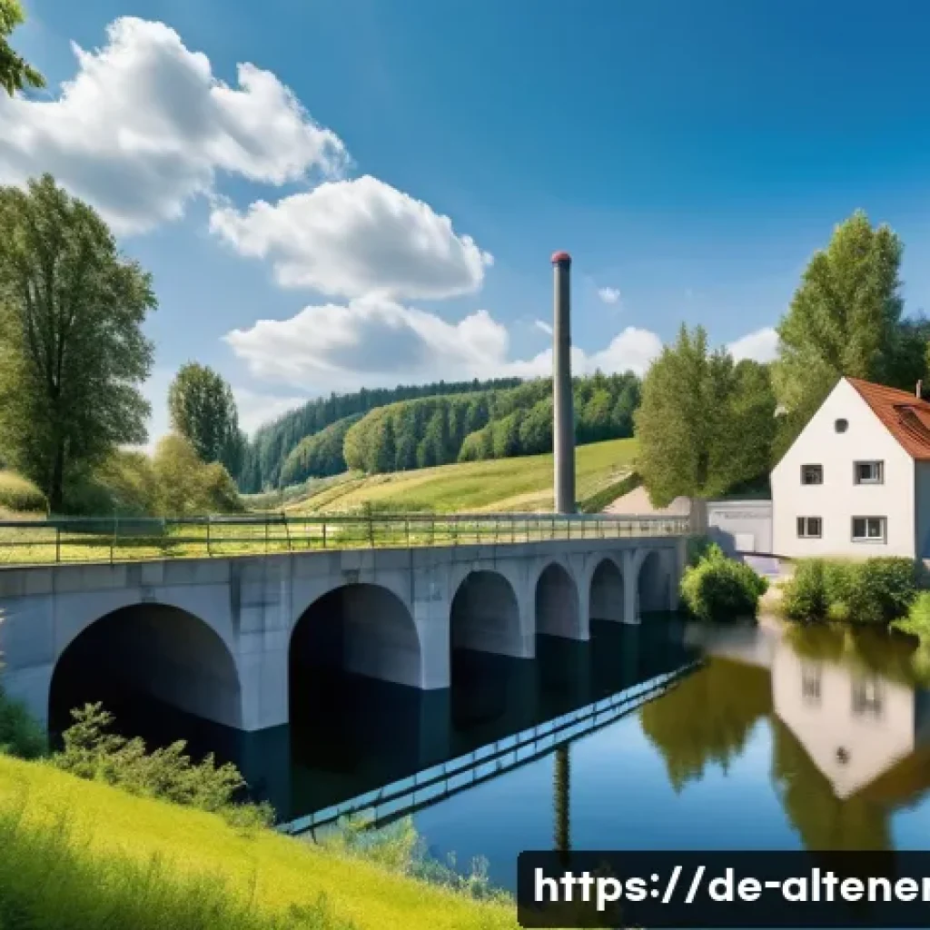 하천 수력 발전 - A serene river landscape in Germany featuring a small hydropower plant with a Kaplan turbine install...