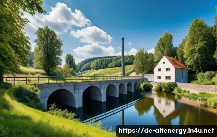 하천 수력 발전 - A serene river landscape in Germany featuring a small hydropower plant with a Kaplan turbine install...