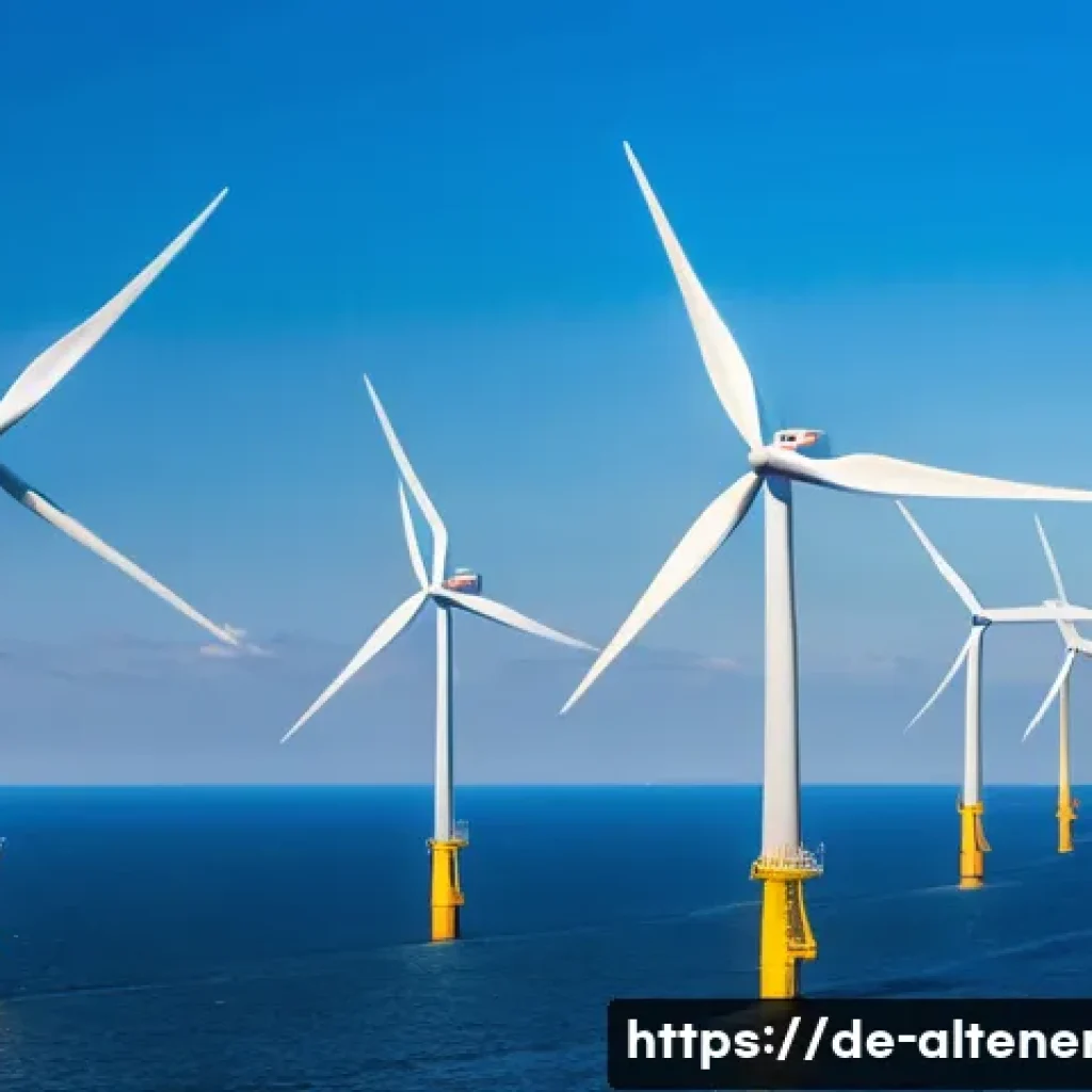 전세계 대체에너지 발전 현황 - A panoramic view of a modern offshore wind farm in the North Sea near Germany, featuring numerous la...