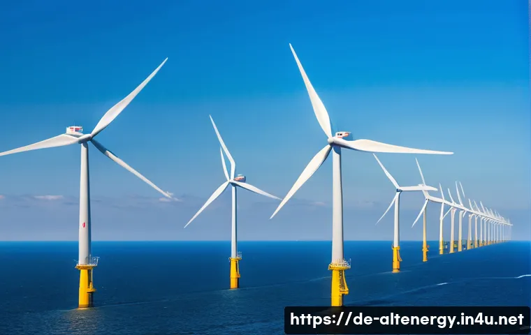 전세계 대체에너지 발전 현황 - A panoramic view of a modern offshore wind farm in the North Sea near Germany, featuring numerous la...