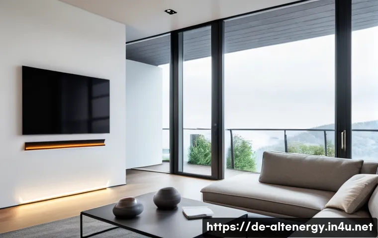 스마트 미터링 - A modern German living room with a wall-mounted smart energy meter displaying real-time electricity,...