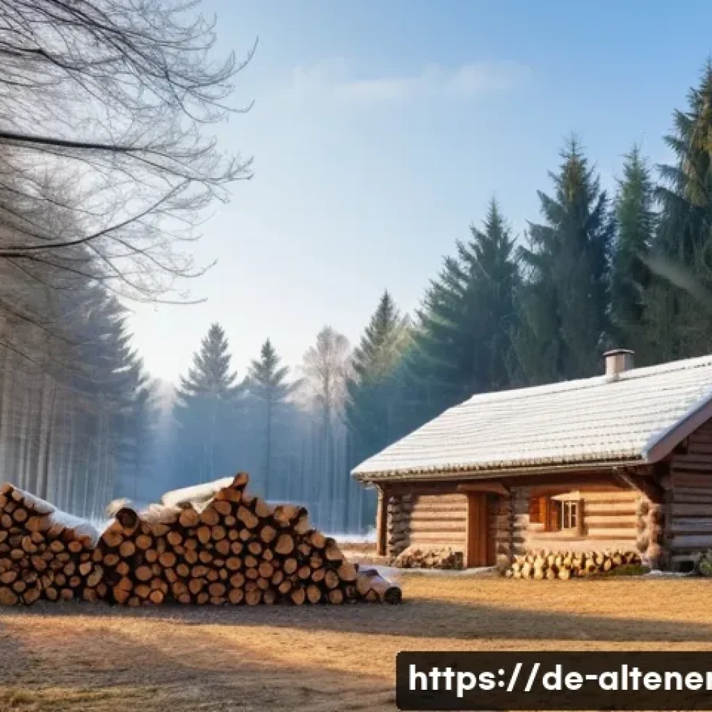 바이오매스 에너지 - A detailed rural German landscape during winter, showcasing a traditional farmhouse with a wood-burn...