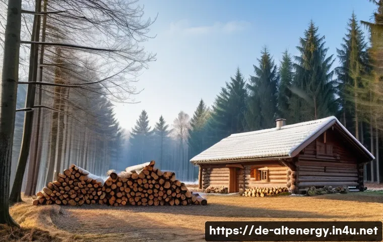 바이오매스 에너지 - A detailed rural German landscape during winter, showcasing a traditional farmhouse with a wood-burn...