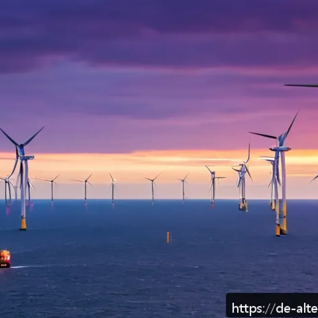 대체에너지 관련 상장 기업 - A modern offshore wind farm at sunset in the North Sea near Germany, featuring large, advanced wind ...