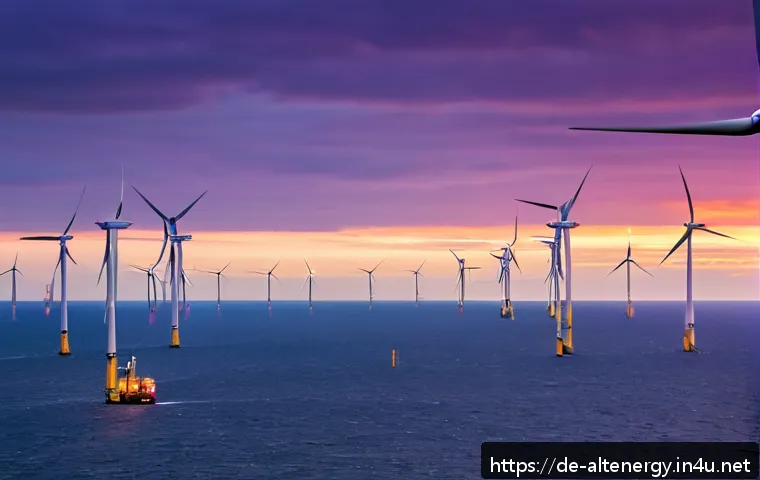 대체에너지 관련 상장 기업 - A modern offshore wind farm at sunset in the North Sea near Germany, featuring large, advanced wind ...