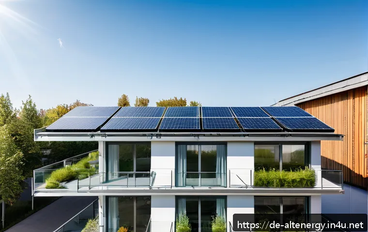 대체에너지 산업의 미래 전망 - A modern German urban rooftop scene featuring building-integrated photovoltaics (BIPV) with sleek bi...