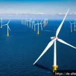 전 세계 대체에너지 보급 현황 - A detailed aerial view of a modern offshore wind farm in the North Sea near Denmark, featuring large...