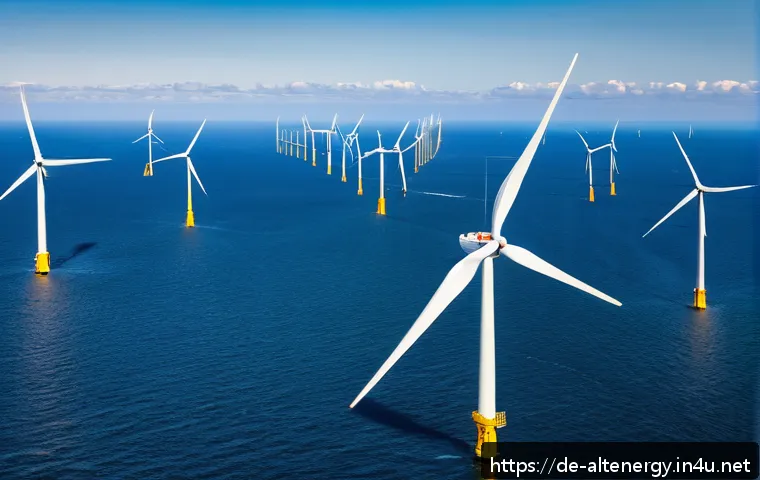 전 세계 대체에너지 보급 현황 - A detailed aerial view of a modern offshore wind farm in the North Sea near Denmark, featuring large...