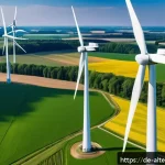 풍력 발전 설치 방법 - A detailed aerial view of a modern wind farm in rural Germany during a clear, sunny day, showcasing ...