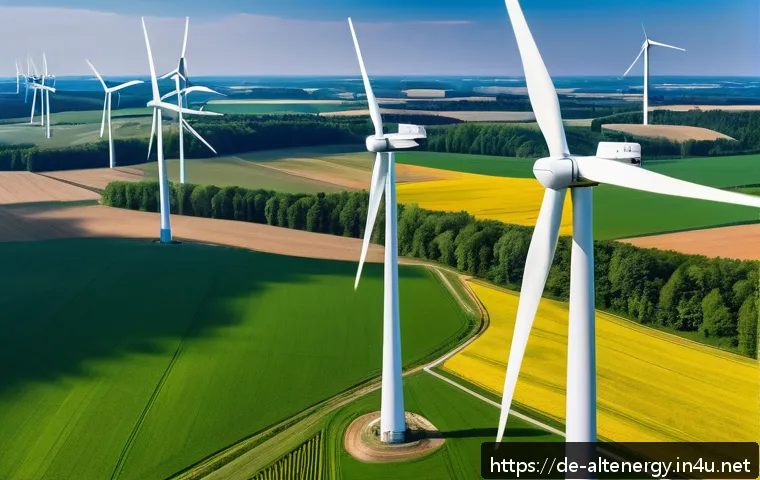풍력 발전 설치 방법 - A detailed aerial view of a modern wind farm in rural Germany during a clear, sunny day, showcasing ...