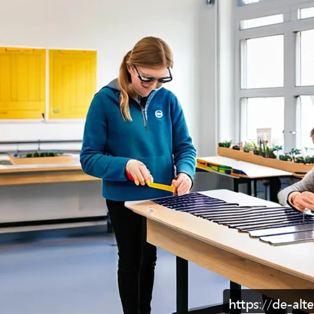 대체에너지 교육 - A vibrant classroom scene in a modern German school, where diverse students aged around 12-15 are ac...