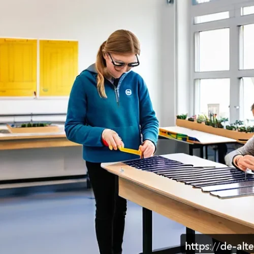 대체에너지 교육 - A vibrant classroom scene in a modern German school, where diverse students aged around 12-15 are ac...