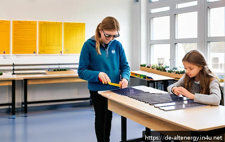 대체에너지 교육 - A vibrant classroom scene in a modern German school, where diverse students aged around 12-15 are ac...