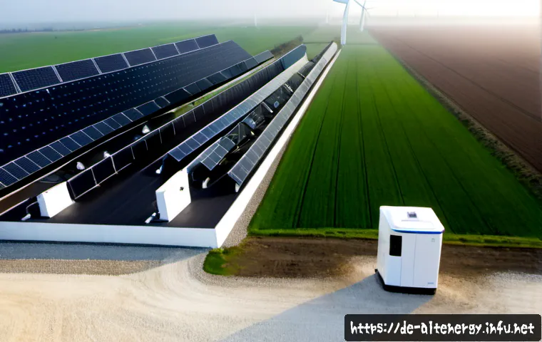 에너지 저장 시스템 ESS - Photorealistic wide-angle view of a modern energy storage system beside a wind farm in northern Germ...