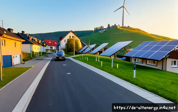 Home 17 대체에너지 대중화 - Photorealistic wide-angle view of a modern German suburban neighborhood at sunrise, detached homes w...