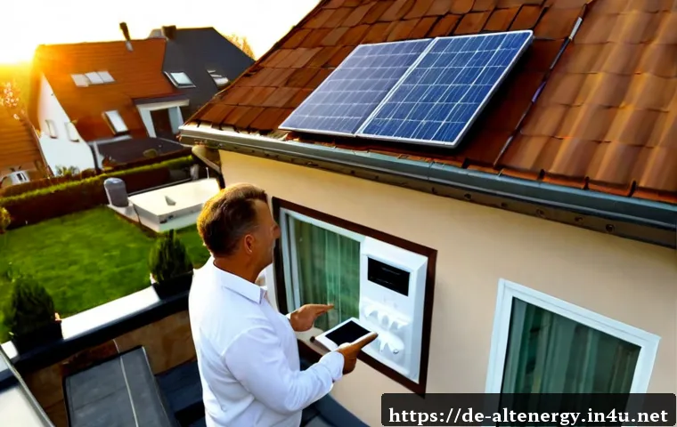 재생 가능 에너지 보조금 - Photorealistic German suburban home with a newly installed rooftop solar panel array, a middle-aged ...
