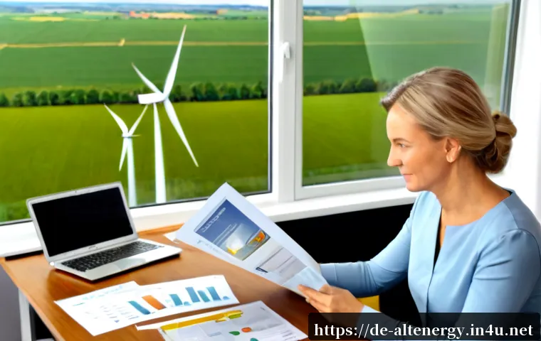 대체에너지 투자 전략 - Photorealistic German home office investment planning scene, a middle-aged couple reviewing clean-en...